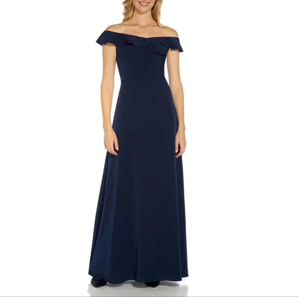 Adrianna Papell Off Shoulder Ruffled Sleeveless Zipper Back Solid Full-Length - Picture 11 of 11